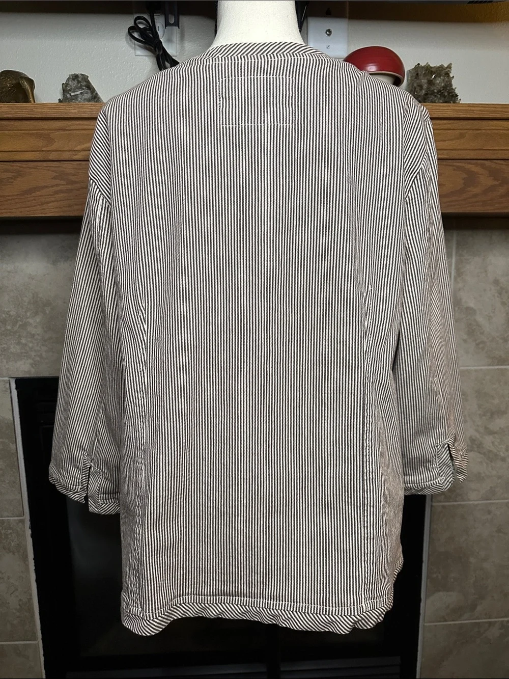 Brown & White Striped Jacket 3/4 Split Sleeve Hook & Eye Closure Size 1X